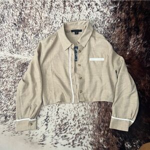 Cropped Tan Button-Up Shirt with White Trim